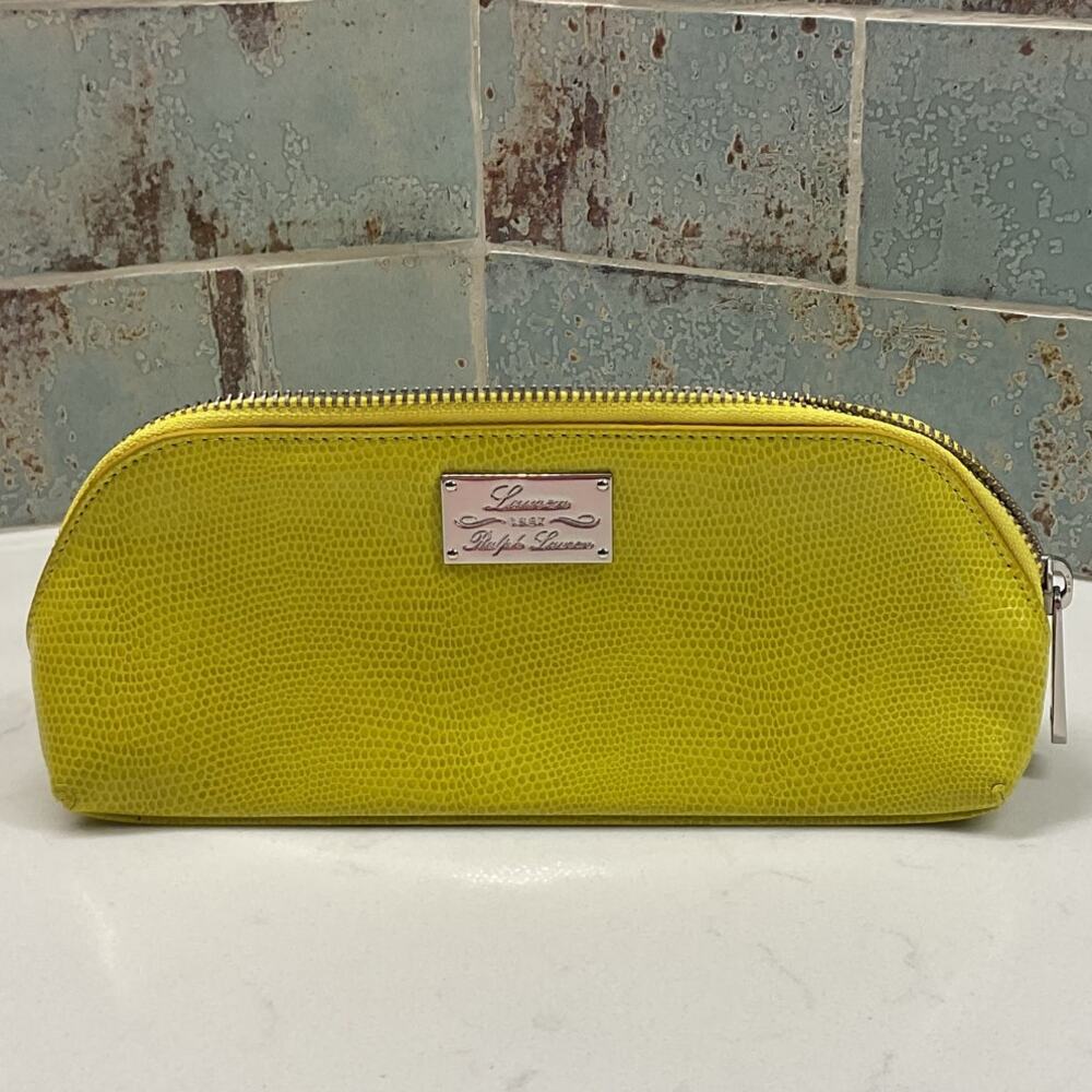 Lauren Ralph Womens Yellow Cosmetic Lizard-Embossed Leather Bag